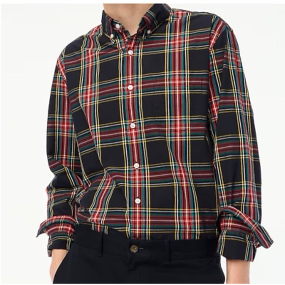 J.Crew Mens Shirt LT Large Tall Flex Washed Black Red Tartan Plaid Long Sleeve - Picture 1 of 7
